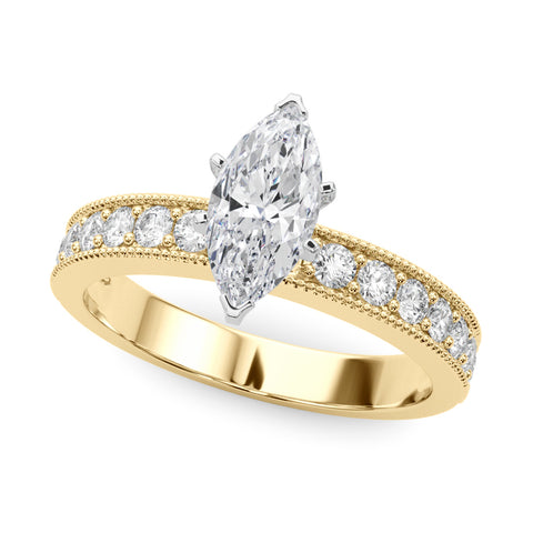 Yellow gold Marquise Milgrain Pave Diamond Engagement Ring with Four-Prong Setting