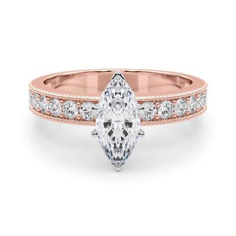 Rose gold Marquise Milgrain Pave Diamond Engagement Ring with Four-Prong Setting