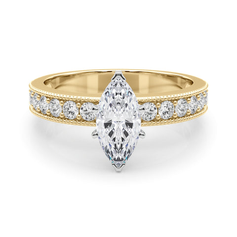 Yellow gold Marquise Milgrain Pave Diamond Engagement Ring with Four-Prong Setting