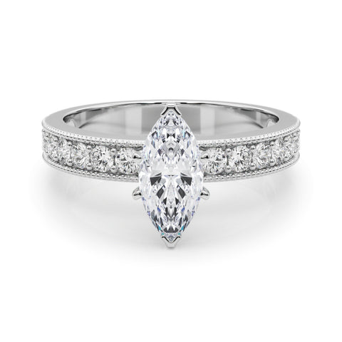 White gold Marquise Milgrain Pave Diamond Engagement Ring with Four-Prong Setting