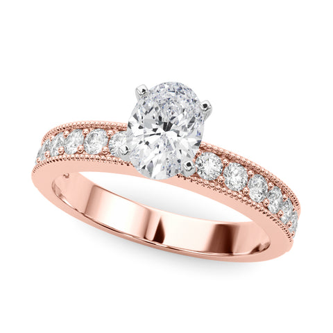 Rose gold Oval Milgrain Pave Diamond Engagement Ring with Four-Prong Setting