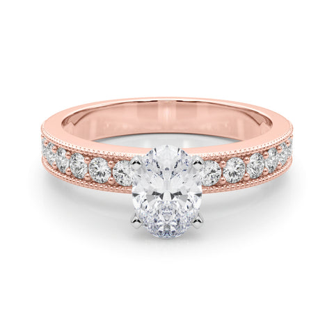 Rose gold Oval Milgrain Pave Diamond Engagement Ring with Four-Prong Setting