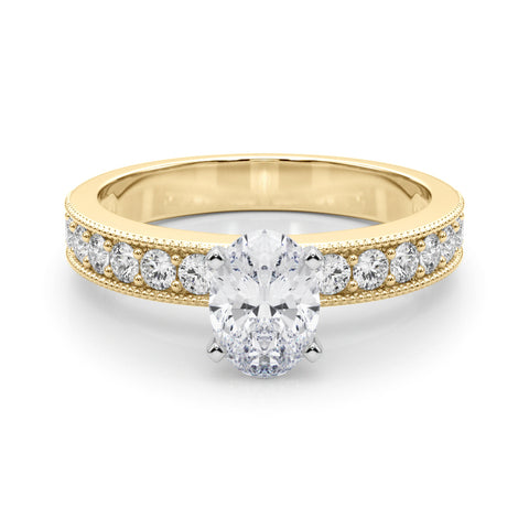 Yellow gold Oval Milgrain Pave Diamond Engagement Ring with Four-Prong Setting