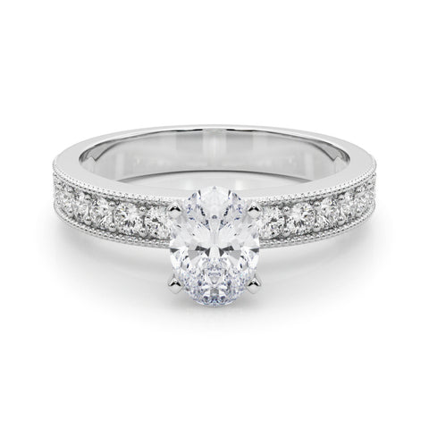 White gold Oval Milgrain Pave Diamond Engagement Ring with Four-Prong Setting