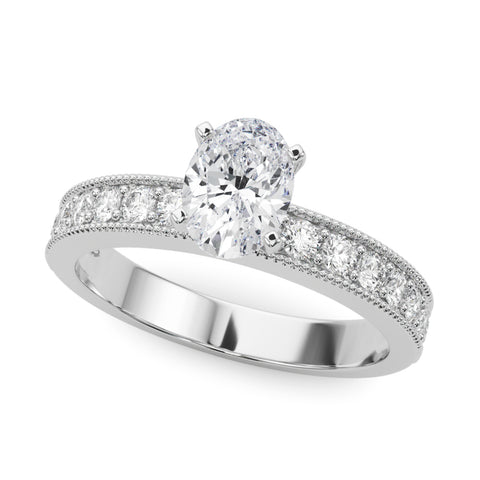 White gold Oval Milgrain Pave Diamond Engagement Ring with Four-Prong Setting