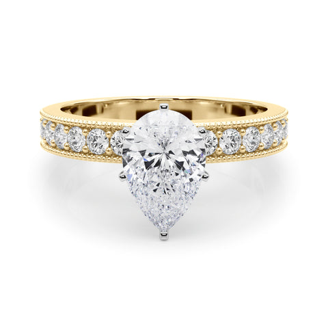 Yellow gold Pear Milgrain Pave Diamond Engagement Ring with Four-Prong Setting