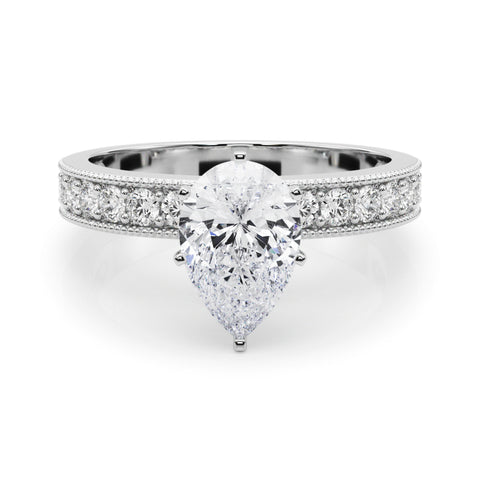 White gold Pear Milgrain Pave Diamond Engagement Ring with Four-Prong Setting