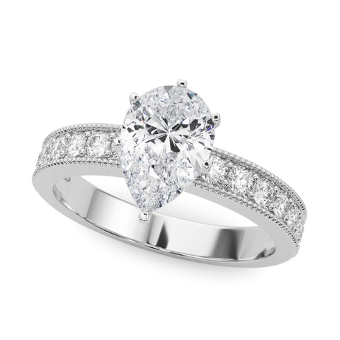 White gold Pear Milgrain Pave Diamond Engagement Ring with Four-Prong Setting