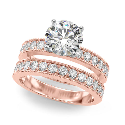 Rose gold Round Milgrain Pave Diamond Engagement Ring with Four-Prong Setting