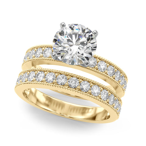 Yellow gold Round Milgrain Pave Diamond Engagement Ring with Four-Prong Setting