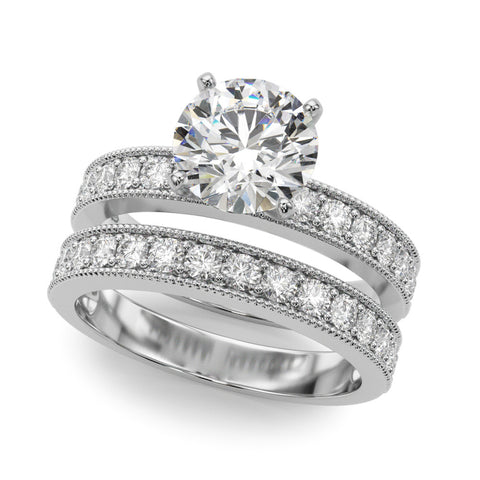 White gold Round Milgrain Pave Diamond Engagement Ring with Four-Prong Setting