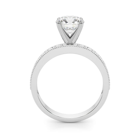 White gold Round Milgrain Pave Diamond Engagement Ring with Four-Prong Setting