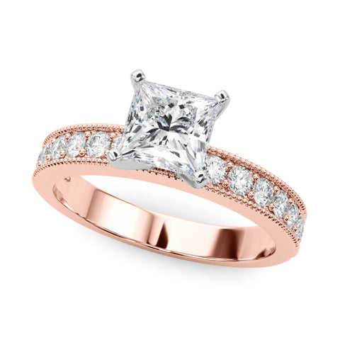 Rose gold Princess Milgrain Pave Diamond Engagement Ring with Four-Prong Setting