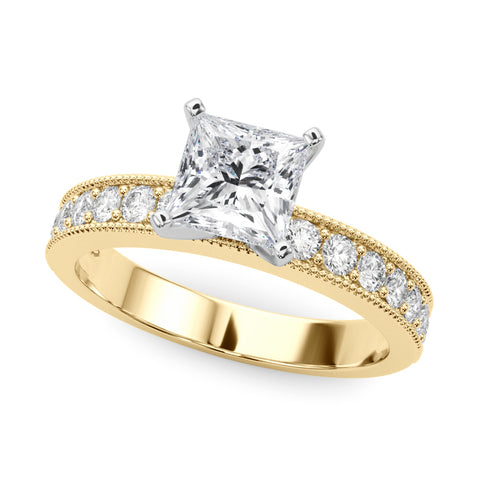 Yellow gold Princess Milgrain Pave Diamond Engagement Ring with Four-Prong Setting