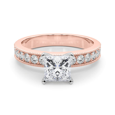 Rose gold Princess Milgrain Pave Diamond Engagement Ring with Four-Prong Setting