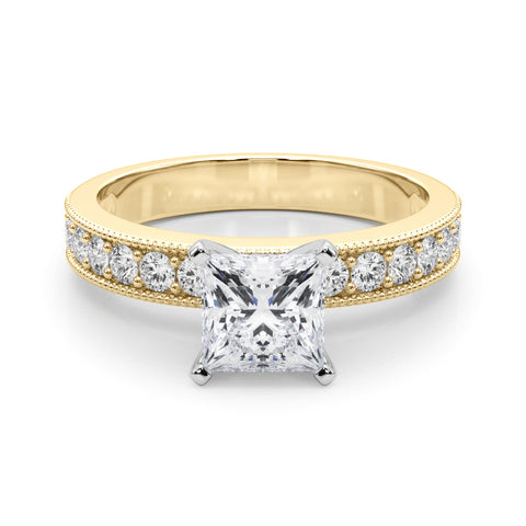 Yellow gold Princess Milgrain Pave Diamond Engagement Ring with Four-Prong Setting