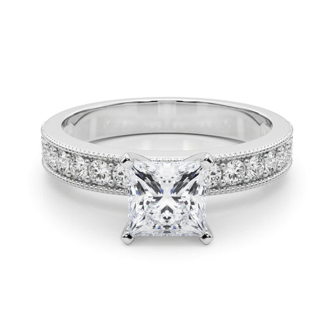 White gold Princess Milgrain Pave Diamond Engagement Ring with Four-Prong Setting