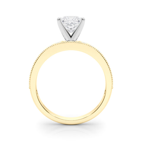 Yellow gold Princess Milgrain Pave Diamond Engagement Ring with Four-Prong Setting