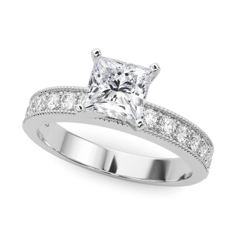 White gold Princess Milgrain Pave Diamond Engagement Ring with Four-Prong Setting