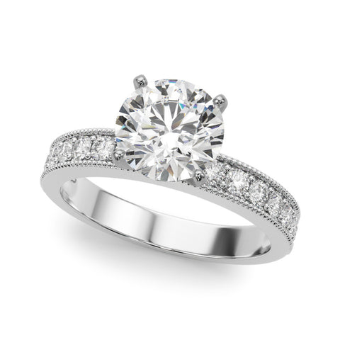 White gold Round Milgrain Pave Diamond Engagement Ring with Four-Prong Setting