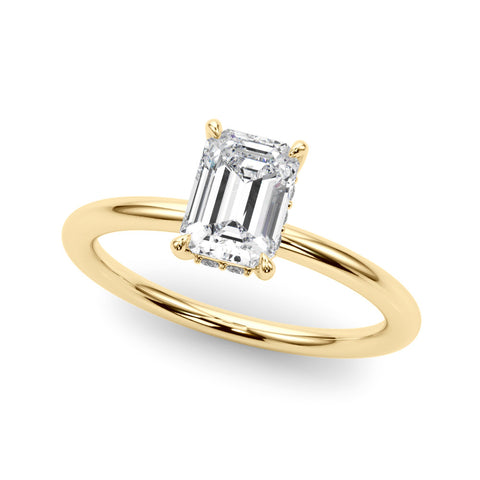 Yellow gold Emerald Cut Solitaire Ring with Thin Band and Four-Prong Setting