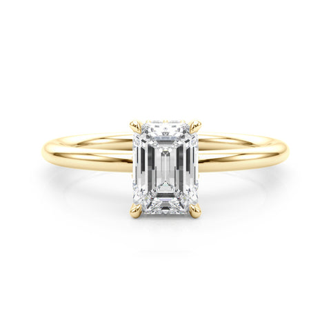 Yellow gold Emerald Cut Solitaire Ring with Thin Band and Four-Prong Setting