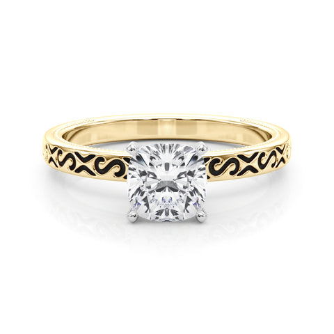 Yellow gold Cushion Solitaire Engagement Ring with Scrollwork Band and Four-Prong Setting