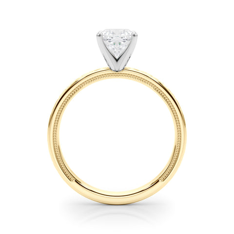 Yellow gold Cushion Solitaire Engagement Ring with Scrollwork Band and Four-Prong Setting
