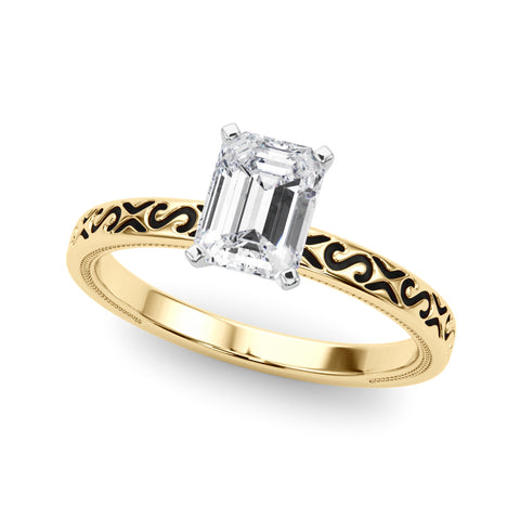 Yellow gold Emerald Solitaire Engagement Ring with Scrollwork Band and Four-Prong Setting