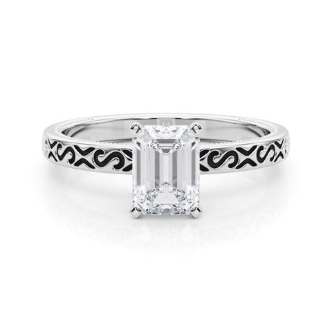 White gold Emerald Solitaire Engagement Ring with Scrollwork Band and Four-Prong Setting
