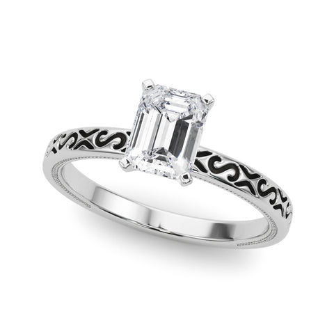 White gold Emerald Solitaire Engagement Ring with Scrollwork Band and Four-Prong Setting