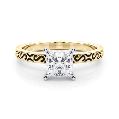 Yellow gold Princess Solitaire Engagement Ring with Scrollwork Band and Four-Prong Setting