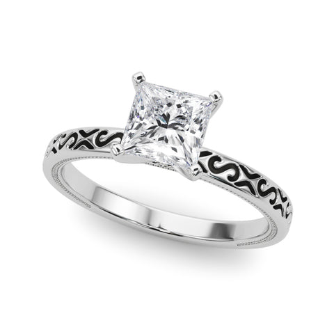 White gold Princess Solitaire Engagement Ring with Scrollwork Band and Four-Prong Setting