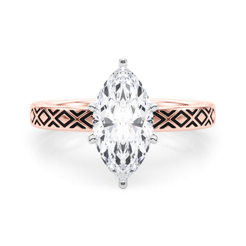 Rose gold Marquise Solitaire Diamond Ring with Milgrain and Black Enamel X Pattern Band