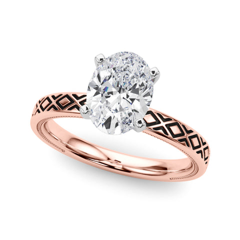 Rose gold Oval Solitaire Diamond Ring with Milgrain and Black Enamel X Pattern Band