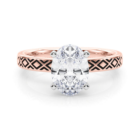 Rose gold Oval Solitaire Diamond Ring with Milgrain and Black Enamel X Pattern Band