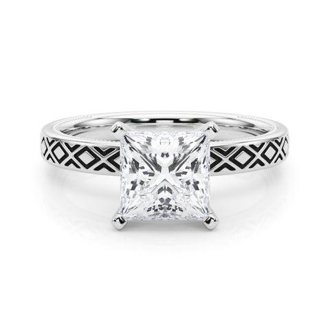 White gold Princess Solitaire Diamond Ring with Milgrain and Black Enamel X Pattern Band