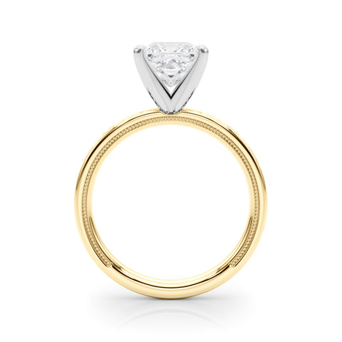 Yellow gold Princess Solitaire Diamond Ring with Milgrain and Black Enamel X Pattern Band