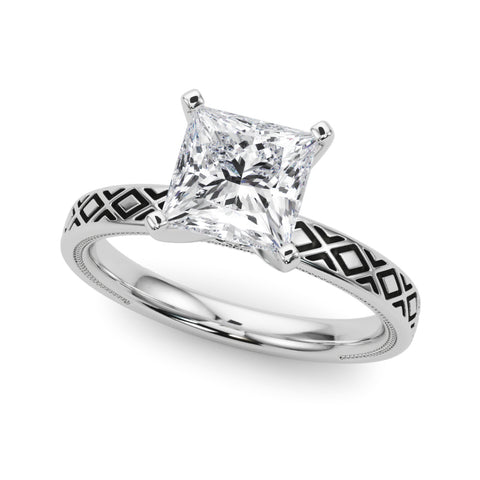 White gold Princess Solitaire Diamond Ring with Milgrain and Black Enamel X Pattern Band
