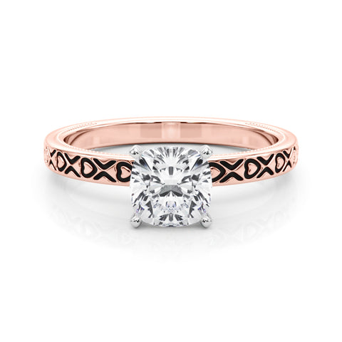 Rose gold Cushion Solitaire Diamond Engagement Ring with XO Engraved Band and Four-Prong Setting
