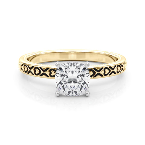 Yellow gold Cushion Solitaire Diamond Engagement Ring with XO Engraved Band and Four-Prong Setting