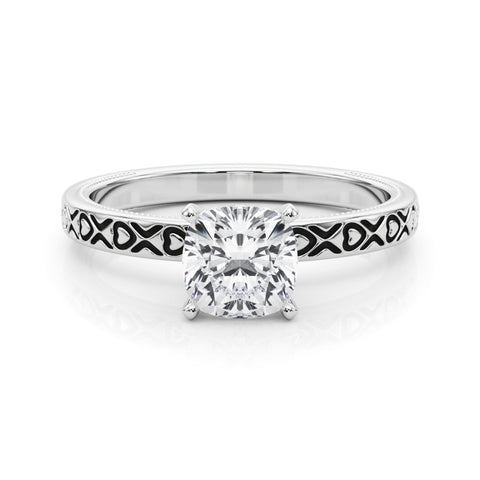 White gold Cushion Solitaire Diamond Engagement Ring with XO Engraved Band and Four-Prong Setting