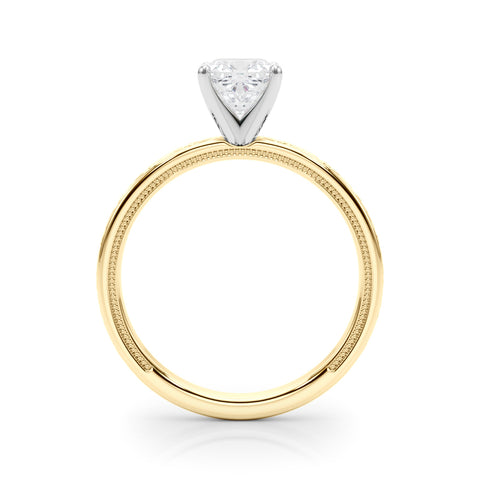 Yellow gold Cushion Solitaire Diamond Engagement Ring with XO Engraved Band and Four-Prong Setting