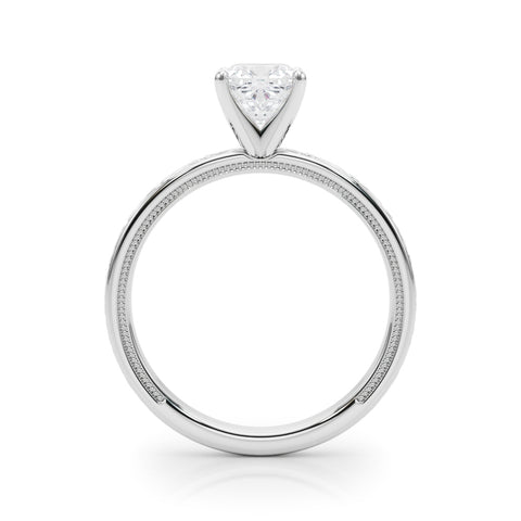 White gold Cushion Solitaire Diamond Engagement Ring with XO Engraved Band and Four-Prong Setting