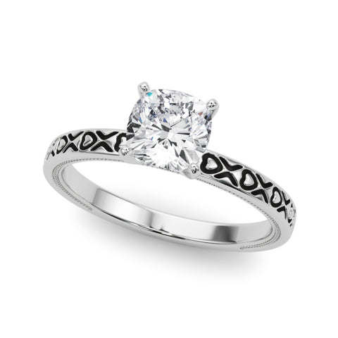White gold Cushion Solitaire Diamond Engagement Ring with XO Engraved Band and Four-Prong Setting