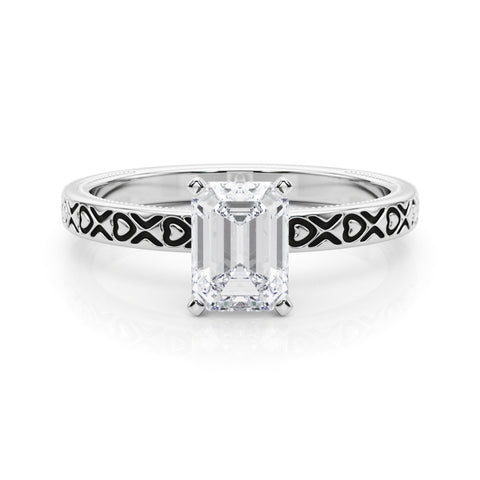 White gold Emerald Solitaire Diamond Engagement Ring with XO Engraved Band and Four-Prong Setting