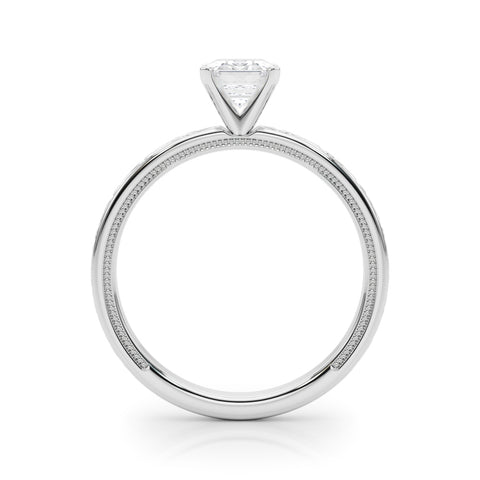 White gold Emerald Solitaire Diamond Engagement Ring with XO Engraved Band and Four-Prong Setting