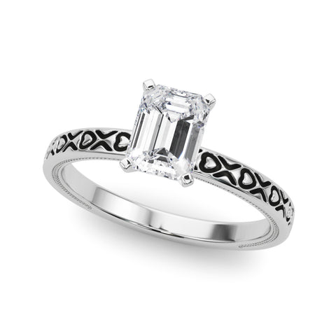 White gold Emerald Solitaire Diamond Engagement Ring with XO Engraved Band and Four-Prong Setting