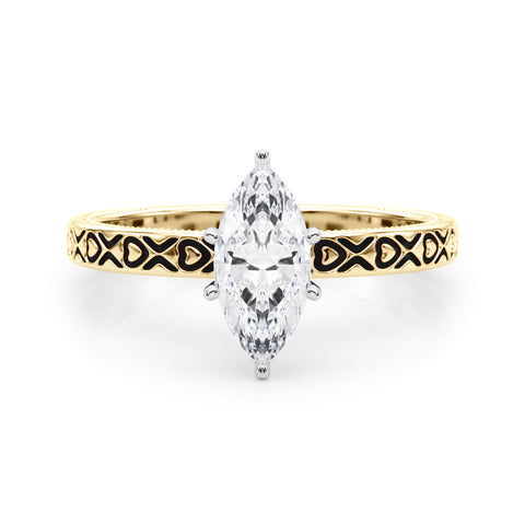 Yellow gold Marquise Solitaire Diamond Engagement Ring with XO Engraved Band and Four-Prong Setting