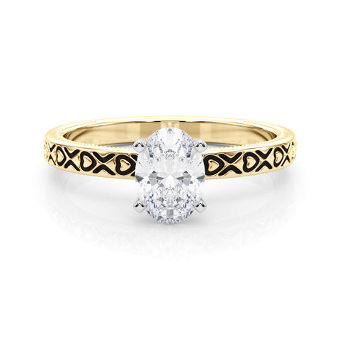 Yellow gold Oval Solitaire Diamond Engagement Ring with XO Engraved Band and Four-Prong Setting